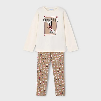 Mayoral Комплект клин в бежов цвят с щампи и блуза в мръсно бяло с кученце за мини момиче Mayoral