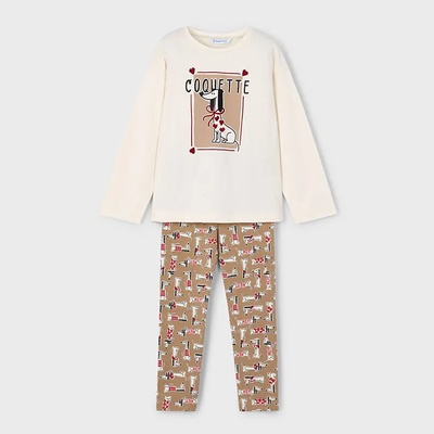 Mayoral Комплект клин в бежов цвят с щампи и блуза в мръсно бяло с кученце за мини момиче Mayoral