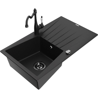 Mexen Cesar гранитна мивка с 1 отделение, отцедник и кухненски смесител Carla, черен - 6514-77-670700-70-B (6514-77-670700-70-B)