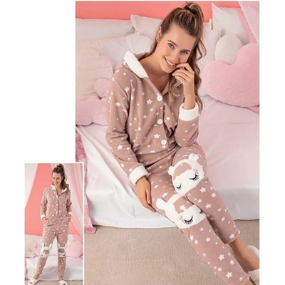 Пижама-гащеризон в цвят капучино със звезди и зайчета