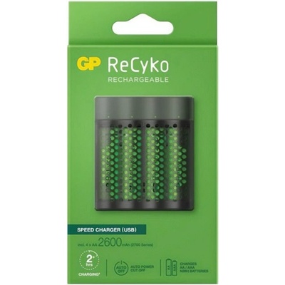 GP Batteries RECYKO зарядно устройство за батерии, LED индикатор, съвместимо с 4xAA/AAA батерии + 4бр. 2700mAh AAA батерии, ЧЕРНО M451 (M451)
