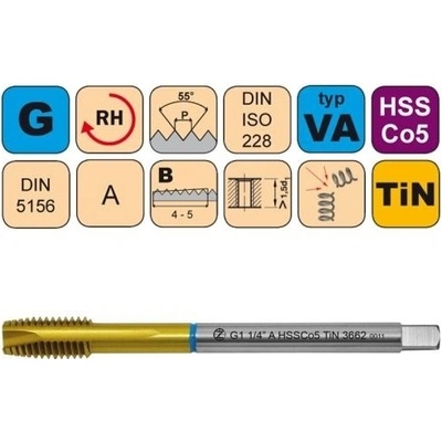 Závitník strojní G3/8" A HSSCo5 TiN DIN 5156 B