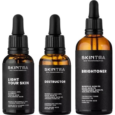 SkinTra Očistenie a rozjasnenie Brightoner kyselinové tonikum 100 ml + Destructor kyselinový peeling 30 ml + Light Your Skin sérum s vitamínom C 30 ml darčeková sada