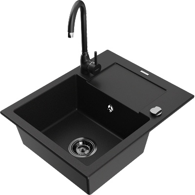 Mexen Enzo гранитна мивка с 1 отделение с отцедник и кухненски смесител Telma, черен - 6506-77-670200-70-B (6506-77-670200-70-B)
