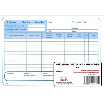 Igaz 299 Príjemka - výdajka - prevodka, A5, 100 listov,samoprepis