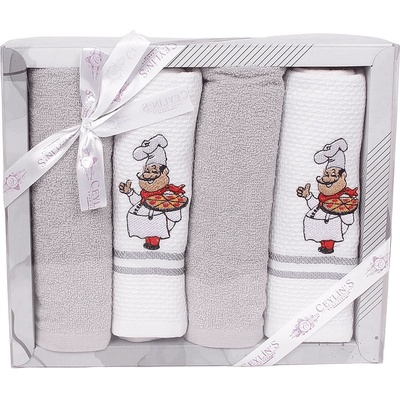 Кухненски кърпи в сиво и бяло с готвач - 4 броя