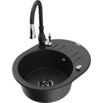 Mexen Kevin гранитна мивка 1-коморна с отцедник и кухненски смесител Savita, черно/сребърно - 6517-73-672601-70-B (6517-73-672601-70-B)