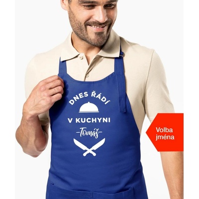 Kariban HobbyTriko Zástěra pro muže se jménem Dnes řádí v kuchyni.. Královská modrá