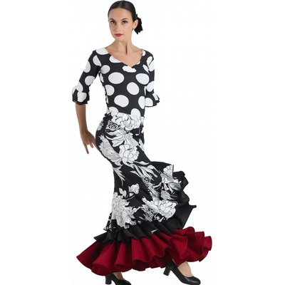 Sukně na flamenco Happy dance EF339 černá bílé květy červený spodní lem – Zboží Dáma