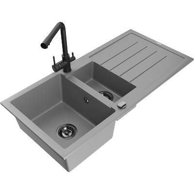 Mexen Andres гранитна мивка 1, 5-коморна с отцедник и кухненски смесител Duero, сив - 6515-71-671600-70-B (6515-71-671600-70-B)