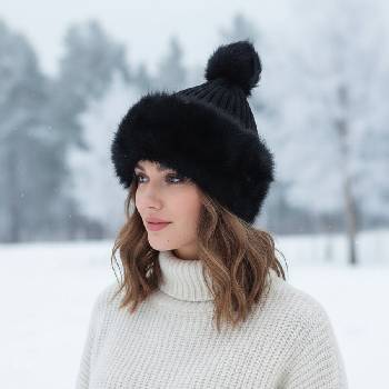 Черна зимна шапка гарнирана с черна еко кожа