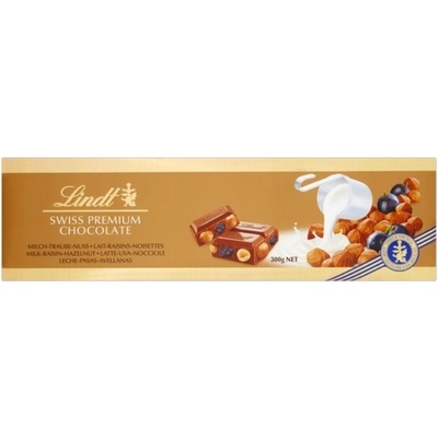 Lindt Swiss Premium Chocolate mléčná čokoláda s rozinkami, celými lískovými oříšky 300 g