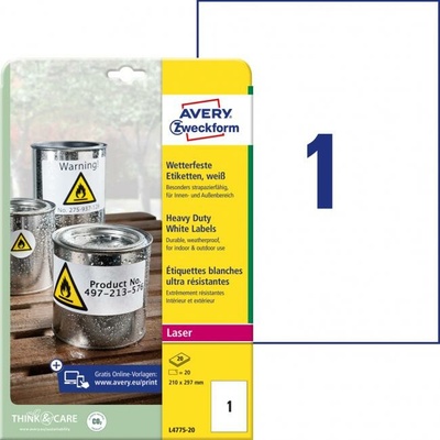 Etikety polyesterové 210 x 297mm Avery A4 biele 20 hárkov