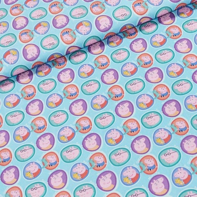 Bavlněné plátno dětské 7016, PRASÁTKO PEPINA (Peppa) na modré, š.150cm (látka v metráži)