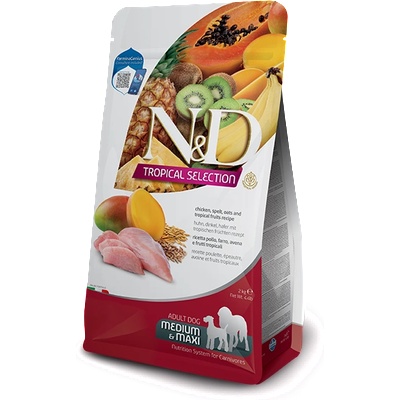 Farmina N&D Dog Grain Free Tropical Selection Adult Medium & Maxi Chicken and Tropical fruits -Пълноценна суха храна за кучета над 1 година от средни и едри породи, с пилешко месо, спелта, овес и тропически плодове - 2 кг