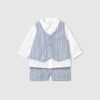 Mayoral Комплект панталон къс лен в синьо и бяла риза с пришит раиран син елек лен за бебе момче Майорал