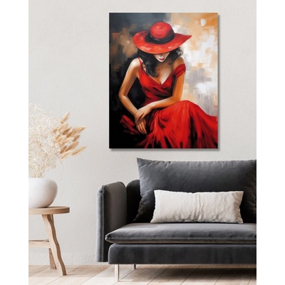 ZUTY Obrazy na stenu - Žena v červenom klobúku a šatách Rámovanie: vypnuté plátno na rám, Rozmer: 80x100 cm