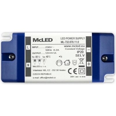 MCLED Napaječ LED 12V/1A ML-732.070.11.0 IP20, plastové provedení se svorkovnicí ML-732.070.11.0