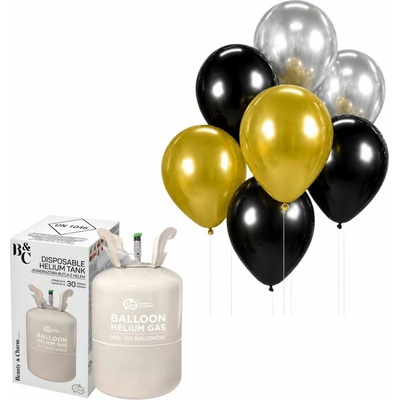 KINGOFBAL Helium a sada latex. balónků chrom. zlatá, stříbrná, černá 30 cm