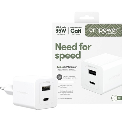 Зарядно 220V empower by PanzerGlass Grand Prix Turbo Charger incl. USB-C + USB-A 35W EU Plug - Silver White