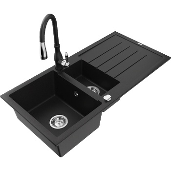 Mexen Andres гранитна мивка 1, 5-коморна с отцедник и кухненски смесител Savita, черен - 6515-77-672601-70 (6515-77-672601-70)