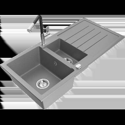 Andres гранитна мивка 1, 5-камерна с отцедник и кухненски смесител Flora, сив - 6515-71-670401-07 (6515-71-670401-07)