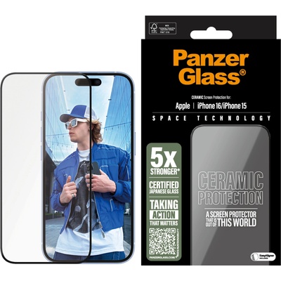 Panzer Стъклен протектор PanzerGlass за iPhone 16, 15, Ceramic, Ultra-Wide Fit