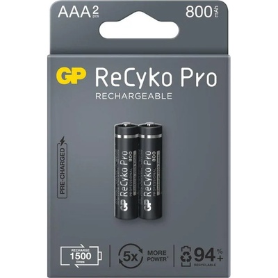 GP Batteries Акумулаторна Батерия GP R03 AAA 850mAh NiMH 85AAAHCB-EB2 RECYKO+ PRO до 1500 цикъла, 2 бр. в опаковка (GP-BR-85AAAHCB-EB2)