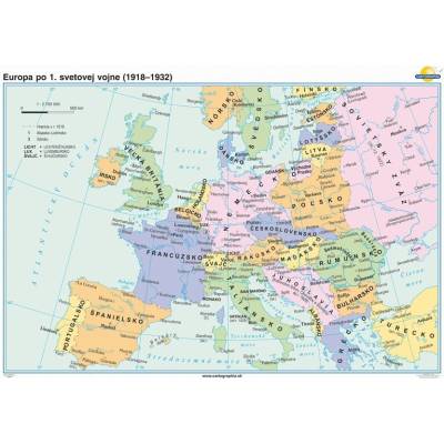 Cartographia Európa po I. svetovej vojne (140x100 cm), nástenná, fóliovaná, lištovaná