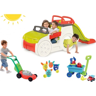 Preliezačka Adventure Car s pieskoviskom a šmykľavkou+kosačka+vozík na ťahanie s vedrom a krhličkou+kolky pre deti s pohyblivými ušami