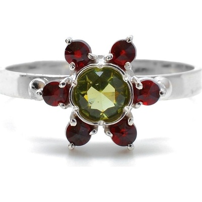 Stříbrný prsten květ s českým granátem a vltavínem Zilla 61 Zlacení