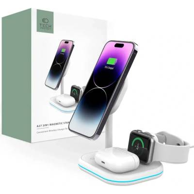 Tech-Protect 3в1 индуктивно зарядно устройство Tech-Protect QI15W-A27, MagSafe, за смартфон / Apple Watch / AirPods, бяло