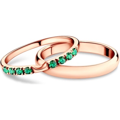 SAVICKI Сватбени халки The Journey: розово злато, смарагд, полукръгъл профил. 2 мм и 3 мм