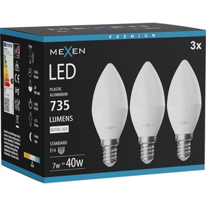 Mexen Nova 3x LED крушка E14, C37, 7W, Неутрална - 4000K, 735 lm - L102-E14-0740-01x03 (L102-E14-0740-01x03)