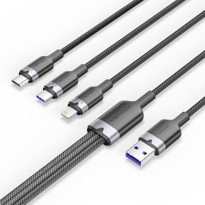 Vention USB-A 2.0/M - USB-C/Lightning/Micro USB-B, 1.5m, (black, 6A, 3in1), кабел