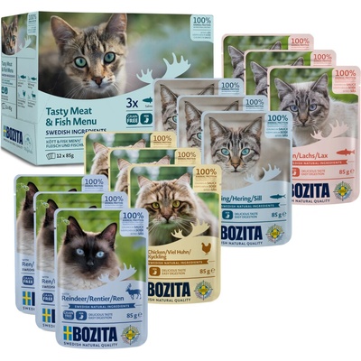 Bozita kousky v omáčce 12 kapsiček 12 x míchané balení maso a ryby 4 druhy 85 g