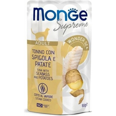 MONGE Supreme Adult kapsička tuniakové kúsky s morským vlkom a zemiakmi pre dospelé mačky 80 g