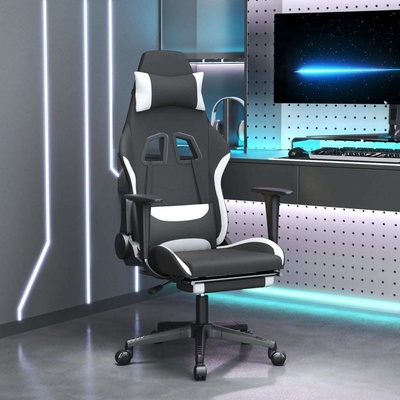 vidaXL Masážní herní židle s podnožkou černá a bílá textil [345508]