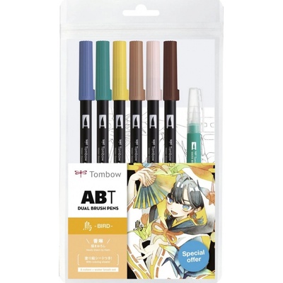 Tombow ABT sada oboustr. fixů 6ks + vodní štětec Manga Bird ABT-6P-MANGA-BIRD