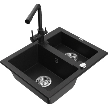 Mexen Carlos гранитна мивка с 1, 5 корита с кухненски смесител Duero, черна (6518-77-671600-70)