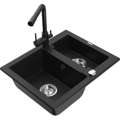 Mexen Carlos гранитна мивка с 1, 5 корита с кухненски смесител Duero, черна (6518-77-671600-70)