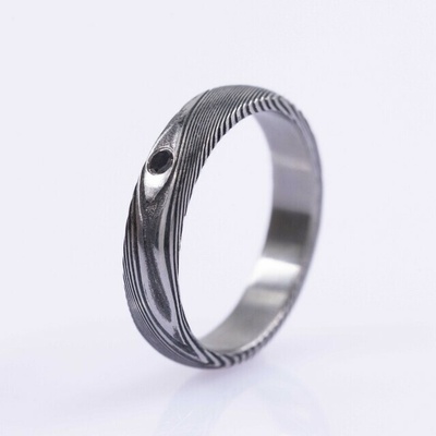 Prima dřevo + černý diamant Kovaný snubní prsten z nerez oceli damasteel CR6165