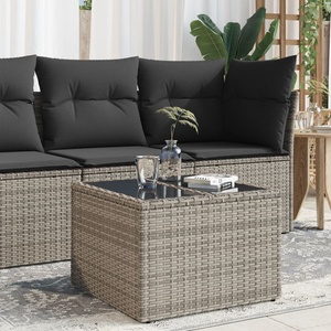 vidaXL Градинска маса със стъклен плот сива 55x55x37 см полиратан (366120)