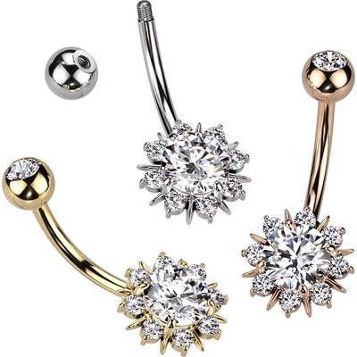 Šperky Eshop Ocelový piercing do pupíku s květem a čirými zirkony X33.01 Barva: Měděná