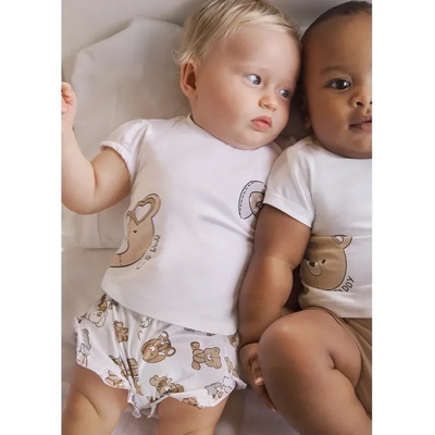 Mayoral Комплект бяла тениска и шорти с бежови мечета и зайчета за бебе момиче Майорал