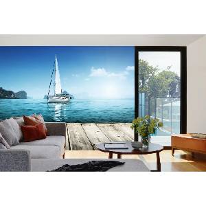 DIMEX ART Самозалепваща се флизелинова фототапета яхта на дървен кей 375 x 250 см