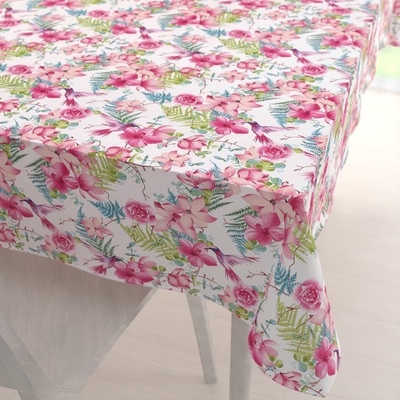 Biante bavlna obrus Sandra SA-493 Kolibríky s ružovými kvetmi na bielom 140x180 cm