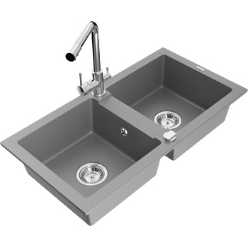 Mexen Mario гранитна мивка с 2 отделения с кухненски смесител Duero, сив - 6504-71-671600-00 (6504-71-671600-00)