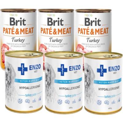 Brit Paté & Meat Turkey 3 x 400 g & Enzo Vet Hypoalergénne krmivo s morkou 3 x 400 g