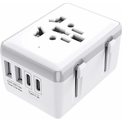 Techsuit Travel Adapter (HHt204A) 15W - захранване с 2xUSB-C и 2xUSB-A изходи и преходници за цял свят в едно устройство за мобилни устройства (бял)